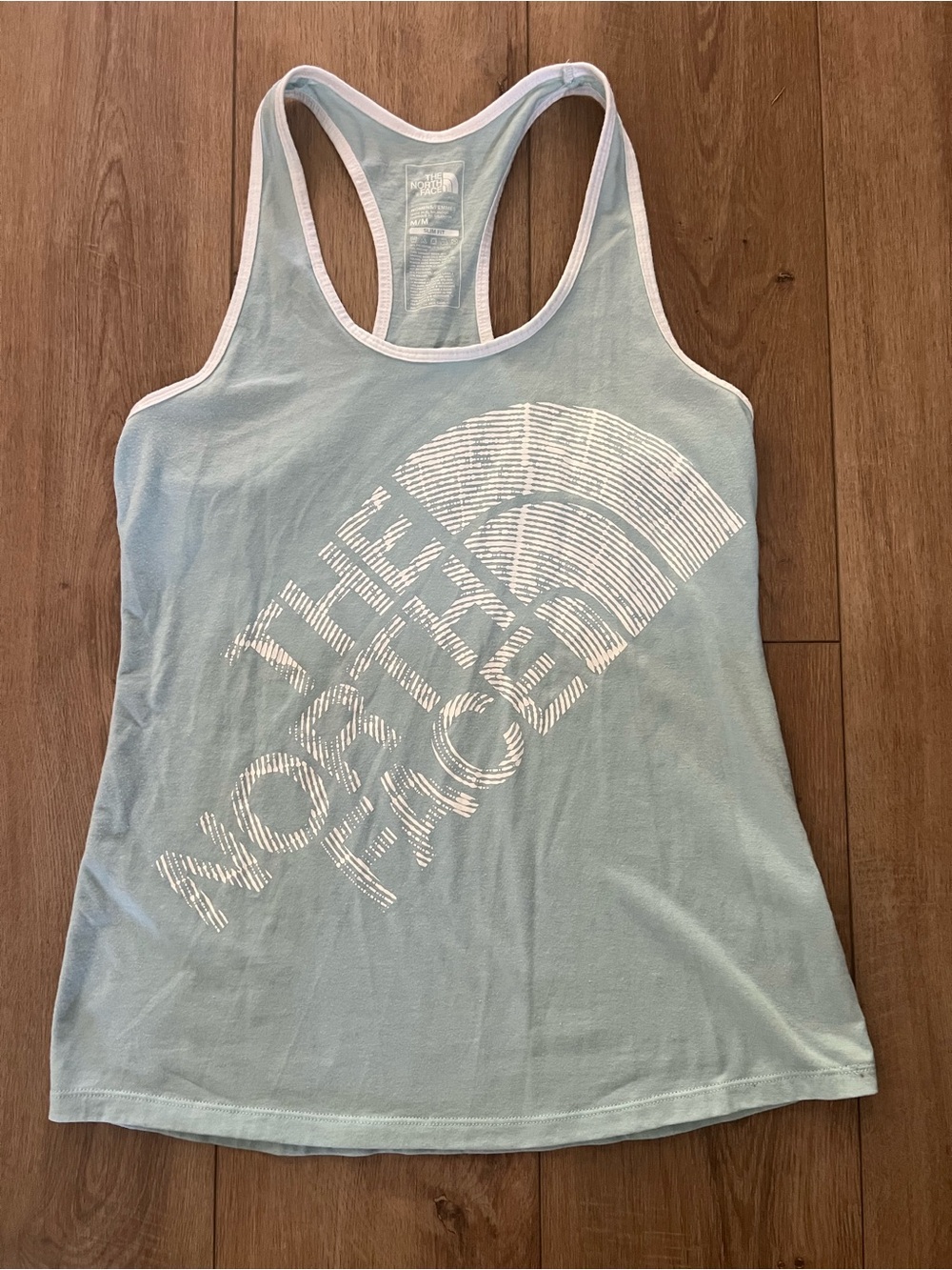 The North Face Light Blue Racerback Tank with White Logo Women’s Medium